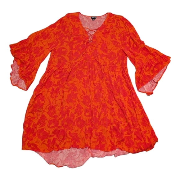 TORRID (2X) Lace Up Hi-Low Babydoll Dress Stretch Challis Floral Orange - Picture 4 of 9